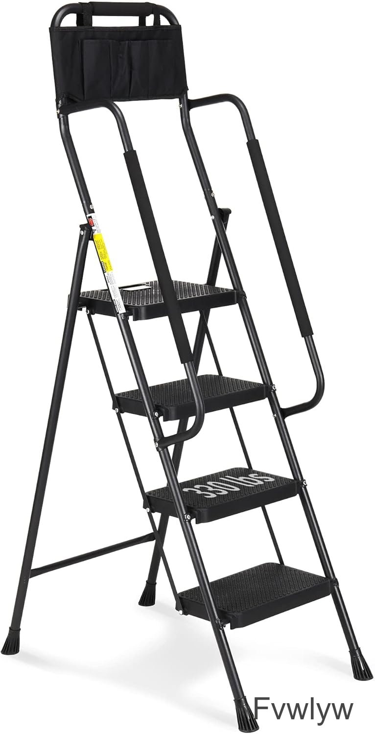 Fvwlyw 4 Step Ladder with Handrails, 330 lbs Folding Step Stool with Attachable Tool Bag & Anti-Slip Wide Pedal for Home Kitchen Pantry Office, Black